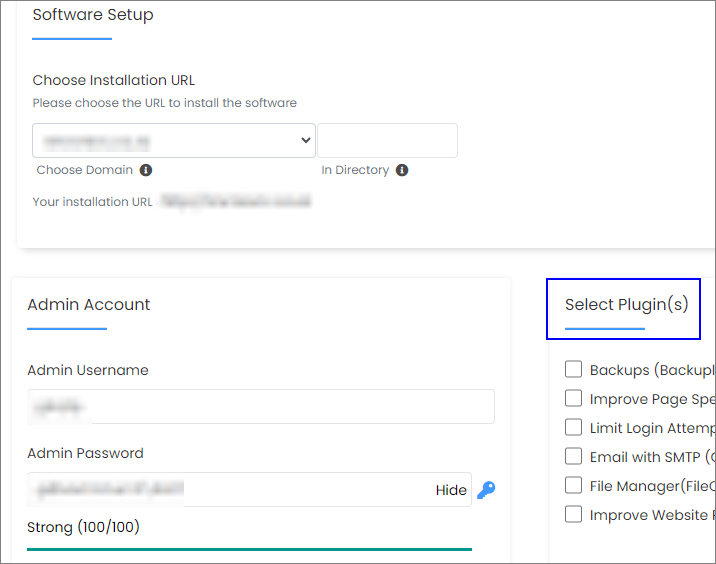 WordPress Quick Install options: